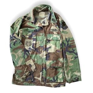 Vintage 80s  Woodland Camo Jacket M Long Military Patched Army Field Jacket